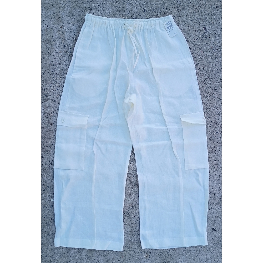 New Eskandar Neiman Marcus Cream Linen Cargo Drawstring Utility Pants